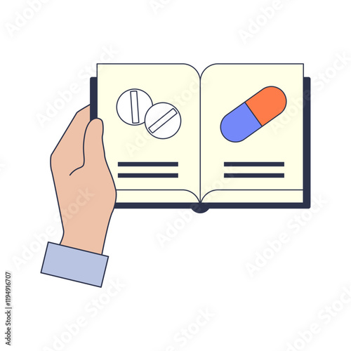 A hand holds an open book displaying a pill and capsule, symbolizing medical knowledge.