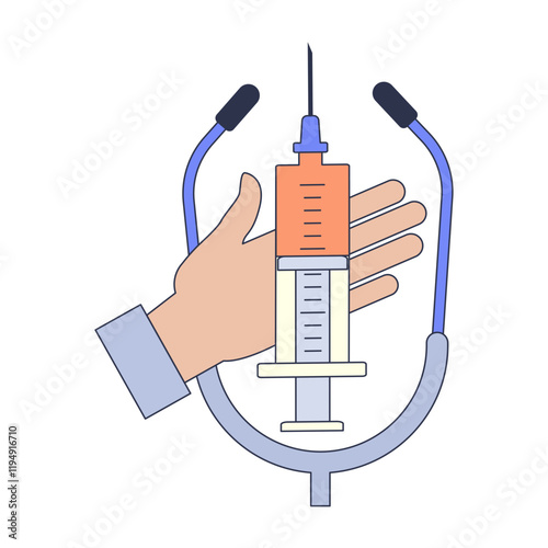 A syringe and stethoscope symbolize healthcare and medical practice.