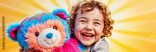 Smiling child hugging a colorful plush toy against a sunny yellow background. Ideal for toy stores, online kids' shopping, and playful childhood themes