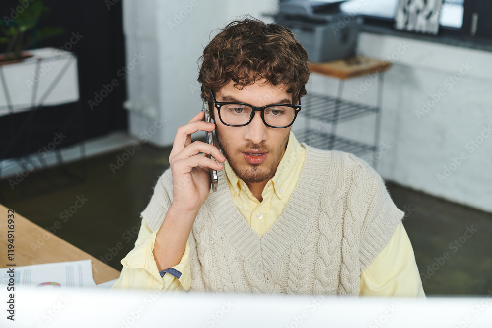A young man wearing a sweater vest speaks on the phone while working at his desk in a bright office. A young man wearing a sweater vest speaks on the phone while working at his desk in a bright office.