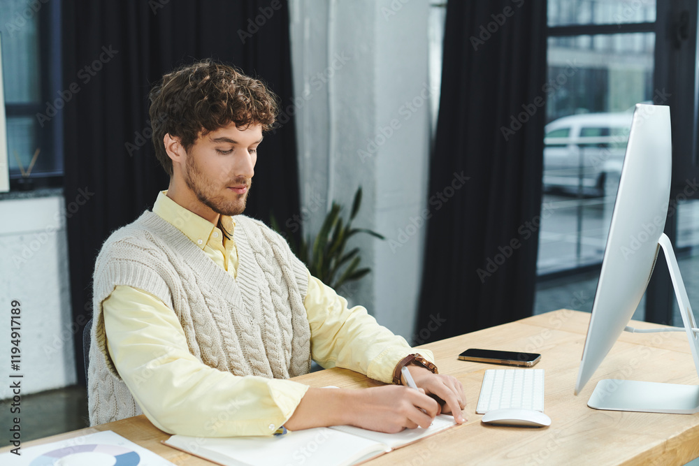 Fototapeta premium A young man with curly hair wears a sweater vest and diligently works at his desk.