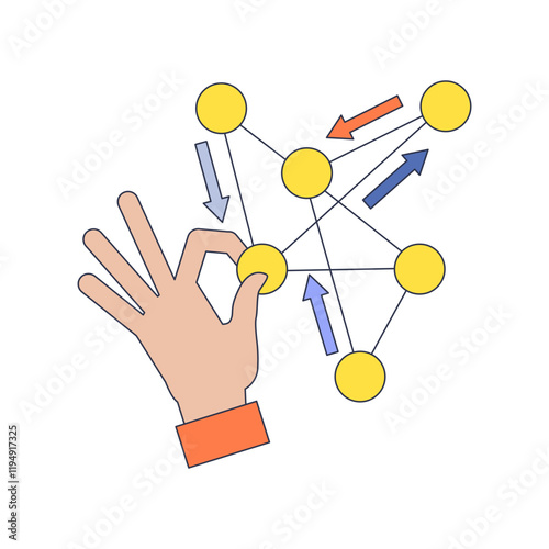 A hand connects glowing nodes on a web of ideas with arrows, symbolizing network and innovation.