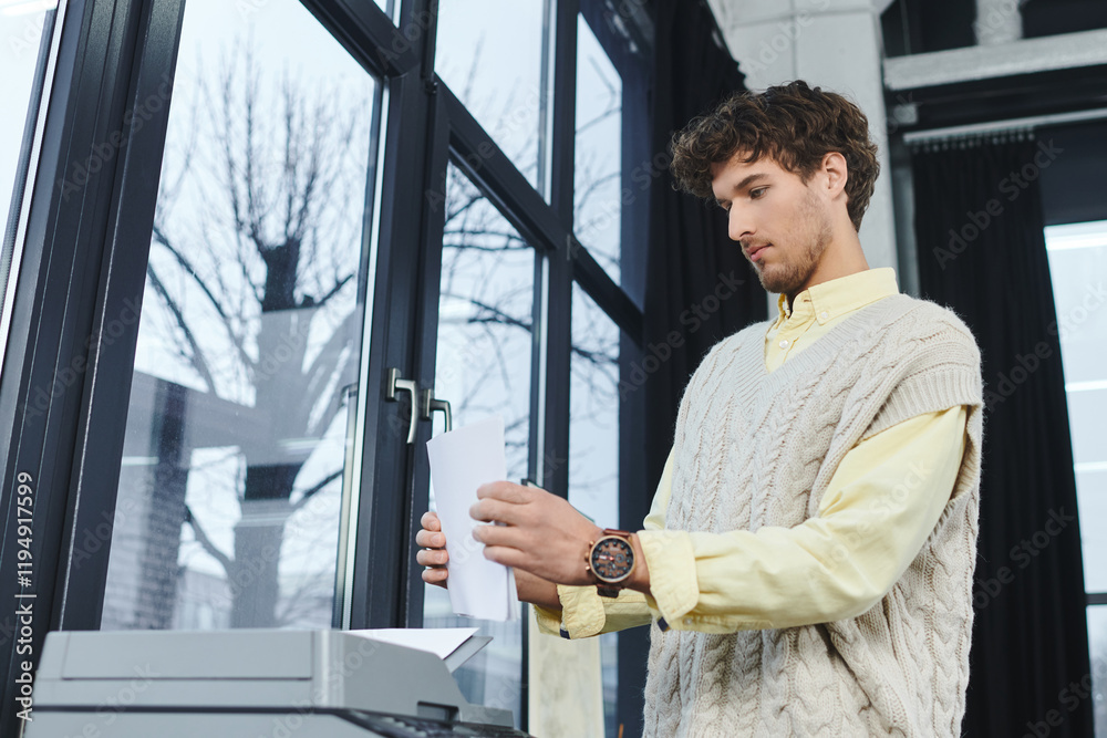 A young man is printing documents while dressed in a smart casual outfit. A young man is printing documents while dressed in a smart casual outfit.