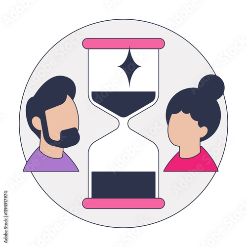 An hourglass between two faces symbolizes time and relationships.