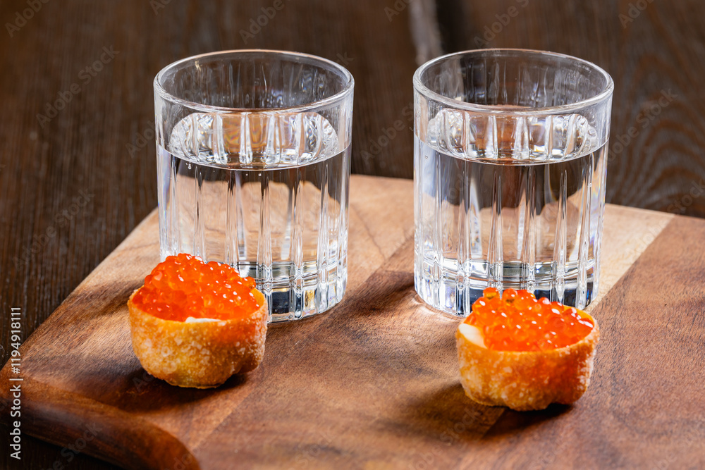 glasses of vodka and salmon caviar appetizer on a wooden table