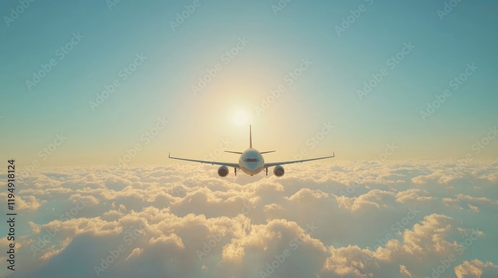 Fototapeta premium Airplane Above the Clouds at Sunset, A Journey Above the World