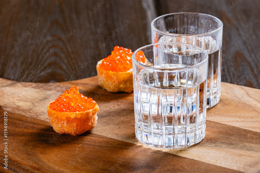 glasses of vodka and salmon caviar appetizer on a wooden table