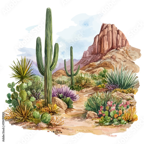 A watercolor of a desert ecosystem, isolated on a white background. Desert ecosystems vector.
