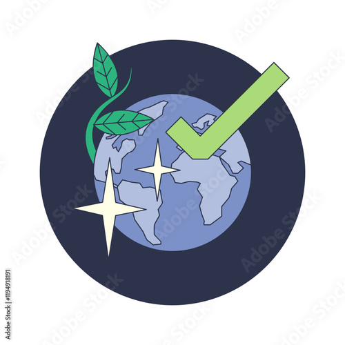 Earth with leaves and checkmark symbolizes eco-friendly practices.