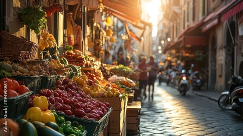 Fototapeta Naklejka Na Ścianę i Meble -  Vibrant market scene at sunset.
