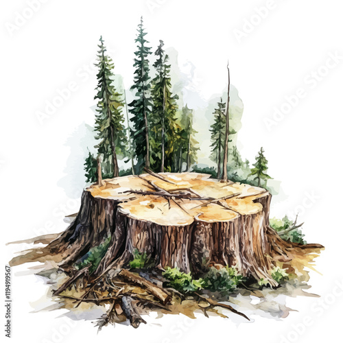 A watercolor illustration of deforestation, isolated on a white background. Deforestation vector.
