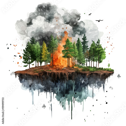 A watercolor illustration of deforestation, isolated on a white background. Deforestation vector.
