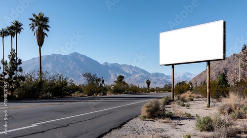 Blank billboard on desert highway with mountain backdrop