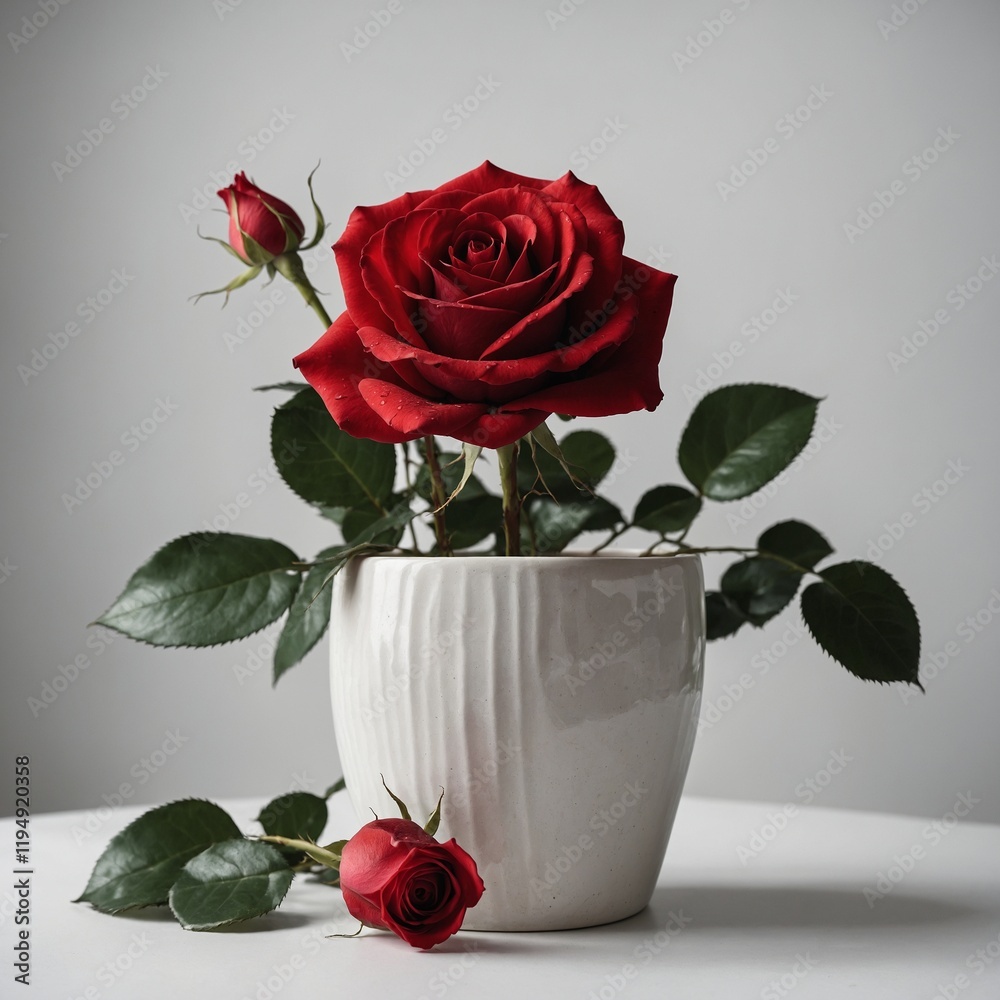 A red rose tilted slightly in a ceramic pot on a white background. A red rose tilted slightly in a ceramic pot on a white background.