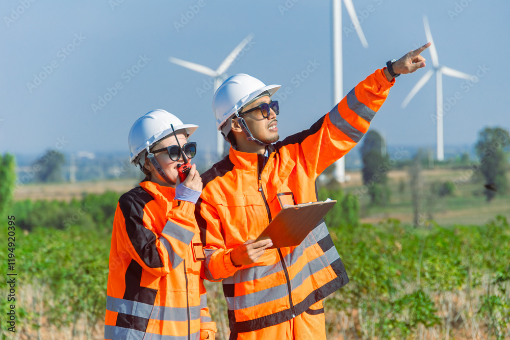Engineer workers teamwork working together service maintenance wind turbine clean power green energy Engineer workers teamwork working together service maintenance wind turbine clean power green energy