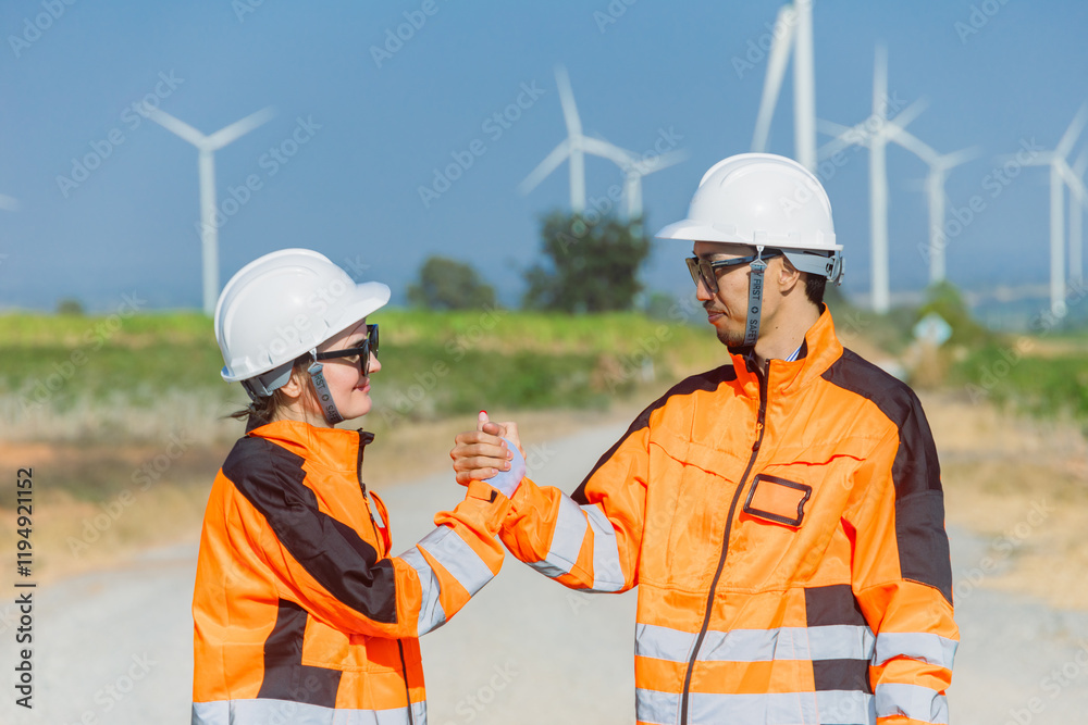 Engineer worker hand shaking team support dealing together at wind turbine energy farm outdoor Engineer worker hand shaking team support dealing together at wind turbine energy farm outdoor