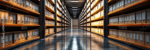 Organized Archive Room with Neatly Arranged Rows of Files and Bright Lighting Creating a Professional Atmosphere for Document Storage