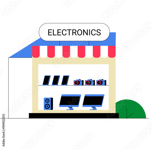 Electronics Store With Display Of Laptops And Speakers, Flat Vector Illustration Symbolizing Technology, Retail, And Modern Shopping, Isolated On White Background