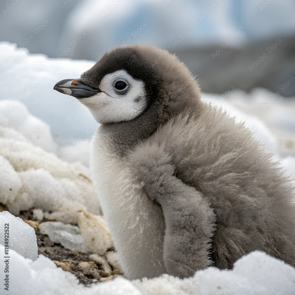 Obraz premium Penguin chick standing cutely on icy terrain in a cold environment