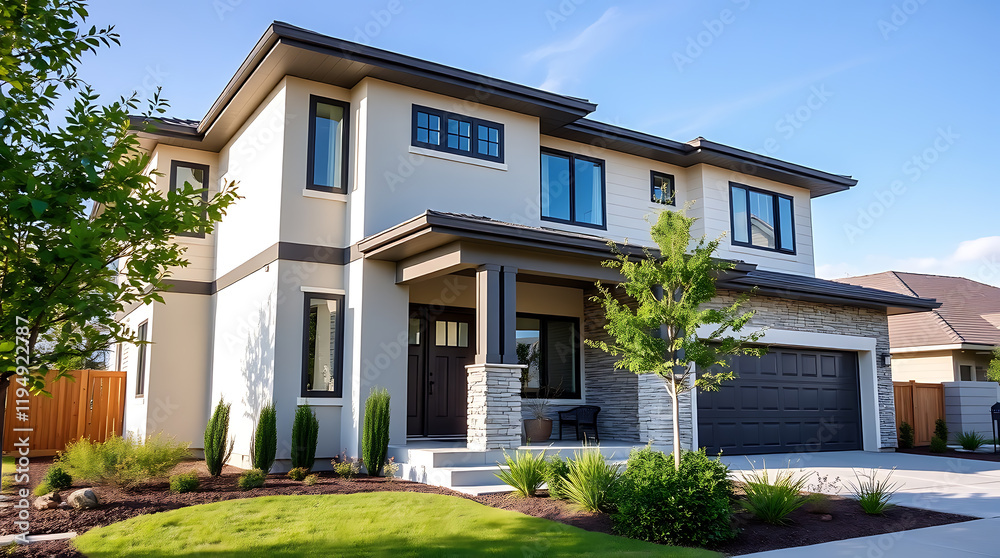 Luxury Modern Home Exterior: Dream Suburban House with Stone Facade and Landscaping Luxury Modern Home Exterior: Dream Suburban House with Stone Facade and Landscaping