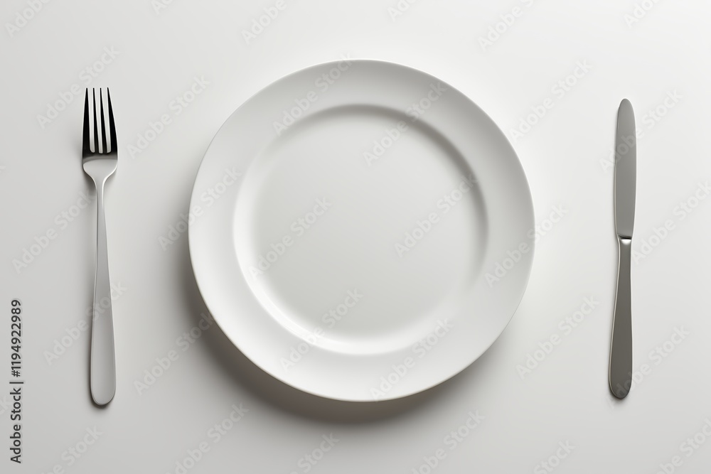 there is a plate, fork and knife on a white table there is a plate, fork and knife on a white table