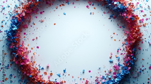 Abstract Colorful Confetti Explosion: A vibrant circular burst of confetti in shades of pink, orange, and blue against a light blue background. Perfect for celebratory designs or artistic expression. photo