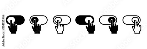 On and Off toggle switch buttons. Finger on switches vector icons. Hand dragging slider. Off and On button.