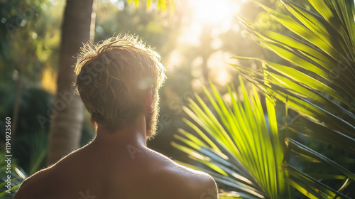 Silhouetted man against tropical sunset. Ideal for wellness, meditation, and spiritual themes photo