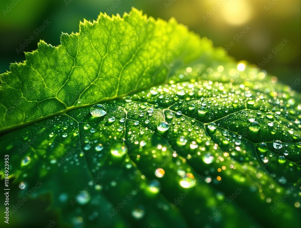 close-up of a vibrant green leaf with numerous water droplets on its surface, reflecting sunlight. The background is blurred, emphasizing the leaf and its dewdrops.