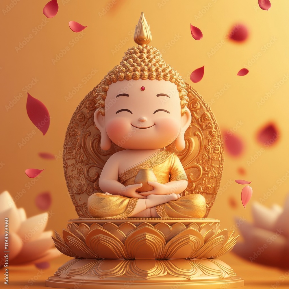 Joyful Buddha Statue with Petals in Golden Light Joyful Buddha Statue with Petals in Golden Light