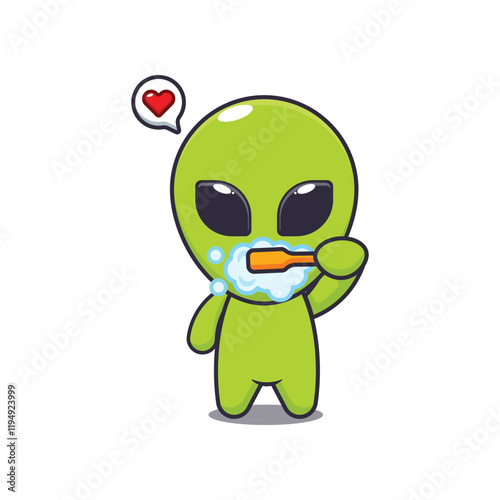 alien brushing teeth. mascot cartoon character vector illustration.