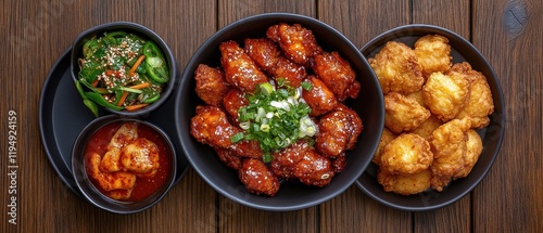 [Cozy Asianstyle dinner table setup with multiple dishes] Asian-Style Dining Spread with Multiple Dishes on Wooden Table photo