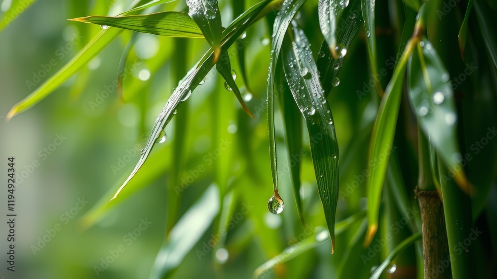 Dew Drops on Bamboo Leaves - Nature's Art After Rain Dew Drops on Bamboo Leaves - Nature's Art After Rain