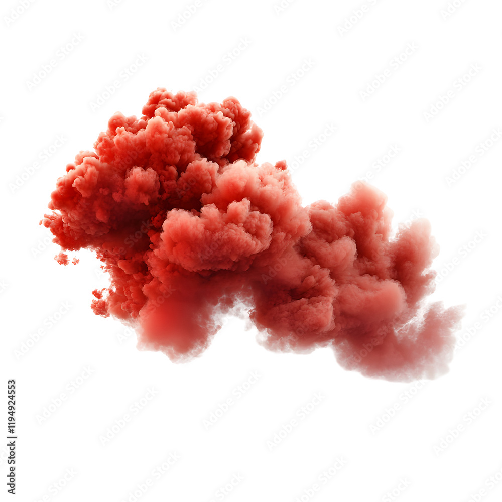 Fototapeta premium Red Smoke Cloud Explodes, Isolated on White Background, Digital Graphic Resource, Transparent PNG.