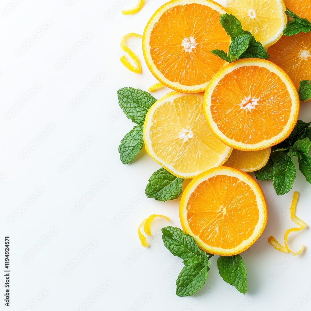 Fresh Citrus Arrangement of Orange and Lemon Slices with Herbs Bright Kitchen Setting Food Natural Lighting Fresh Citrus Arrangement of Orange and Lemon Slices with Herbs Bright Kitchen Setting Food Natural Lighting