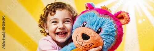 Smiling child hugging a colorful plush toy against a sunny yellow background. Ideal for toy stores, online kids' shopping, and playful childhood themes
