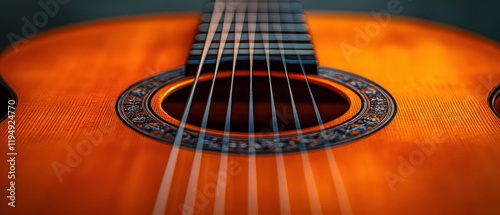 [Vintage acoustic guitar closeup] Vintage Acoustic Guitar Detail Wood Grain, Strings, & Tuning Pegs photo