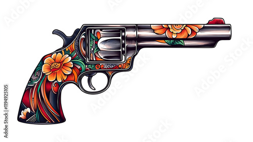 gun with blood tattoo design, Traditional old school tattoo style, bold outlines, vibrant colors on white background photo