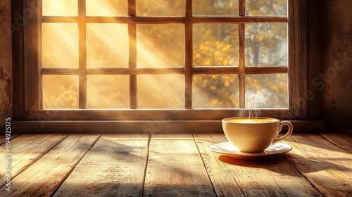 [Cozy rustic interior with open window and coffee mug] Cozy Morning Scene with Rustic Window & Natural Light