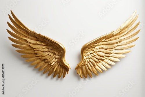 there is a gold angel wing sculpture on a white wall