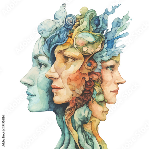 A watercolor of cultural symbols and societal themes, isolated on a white background. Culture and society vector.
