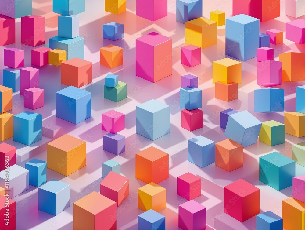 Obraz premium abstract 3D representation featuring a variety of brightly colored cubes in different shapes and sizes scattered throughout the space, creating a visually engaging and dynamic composition.