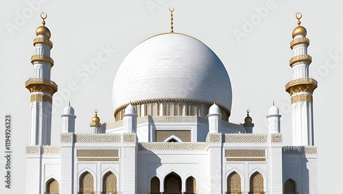 A beautiful front look of a white mosque on white background