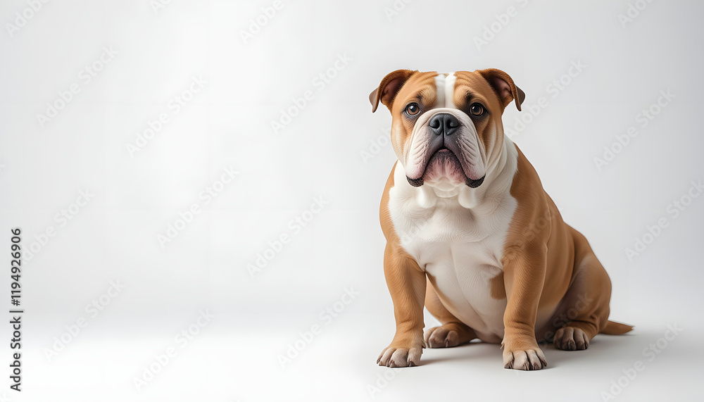 Obraz premium Studio shot of an english bulldog sitting on a white background, creating a clean and minimalist portrait that highlights the dog's strong build and distinctive features