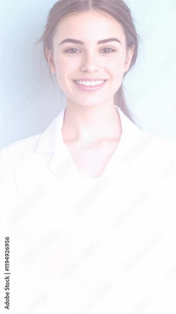Smiling Female Pharmacist Holding Container of Medicine Against a Soft Blue Background Smiling Female Pharmacist Holding Container of Medicine Against a Soft Blue Background