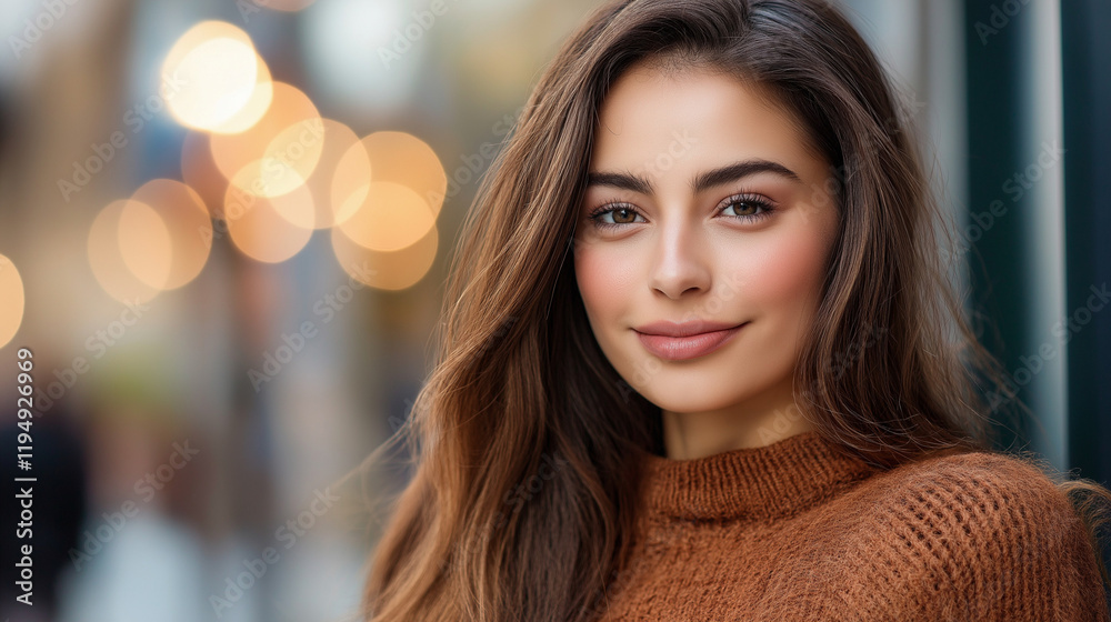 Young woman in brown turtleneck with urban bokeh background. Perfect for autumn fashion and city lifestyle Young woman in brown turtleneck with urban bokeh background. Perfect for autumn fashion and city lifestyle