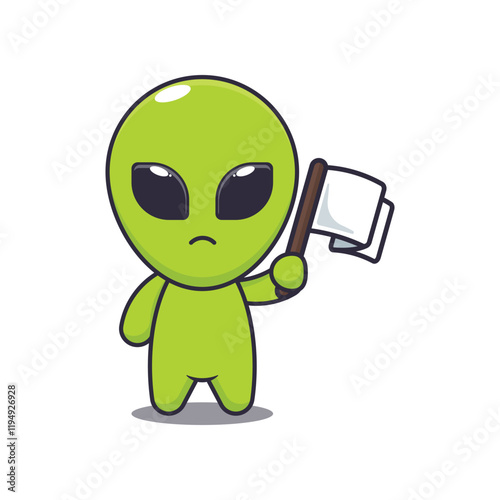 alien with white flag. mascot cartoon character vector illustration.