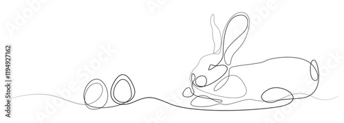 Easter bunny and eggs, one continuous line drawing. Easter illustration with a bunny. Vector illustration of a rabbit in black line isolated from the background. Hare and egg vector design