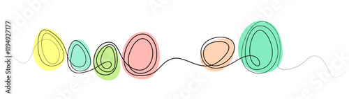 Easter eggs and color spots, one continuous line drawing. Easter illustration. Vector illustration of stylized eggs in black line. Eggs vector design