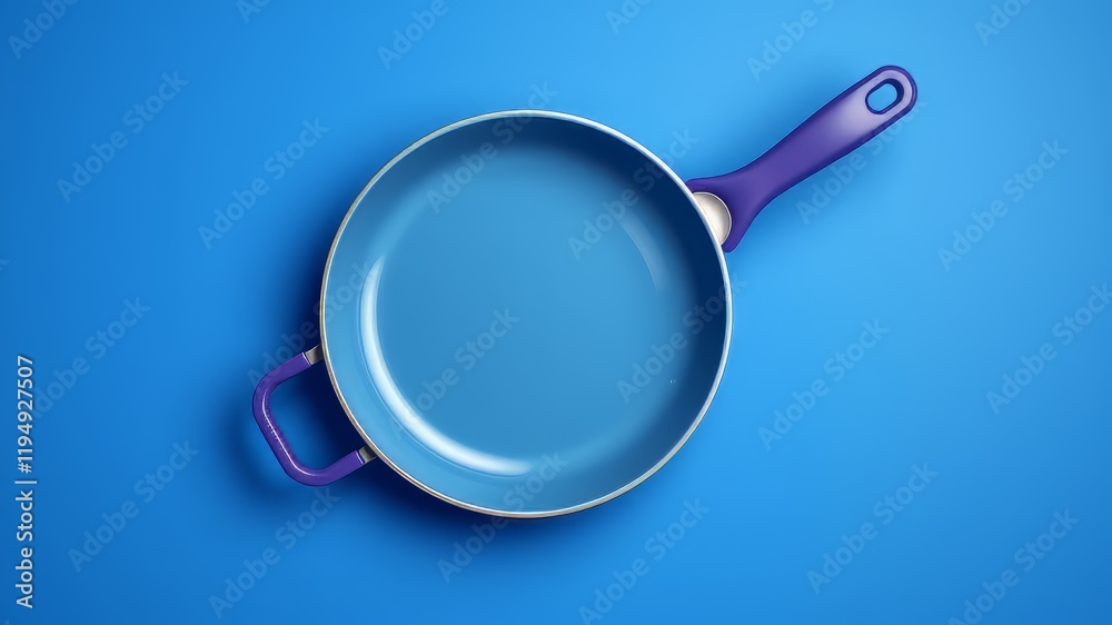 Empty Blue Non-Stick Frying Pan, Purple Handle, Top View, Studio Photo Empty Blue Non-Stick Frying Pan, Purple Handle, Top View, Studio Photo